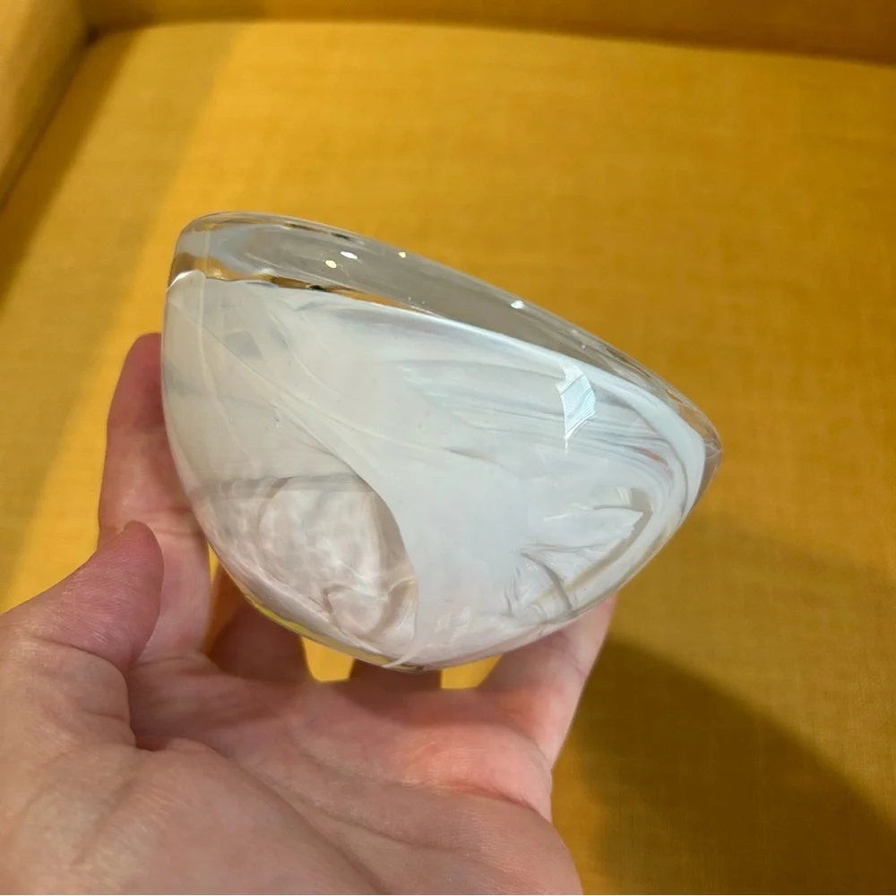 Kosta Boda Atoll Art Glass Bowie votive candle holder white swirl